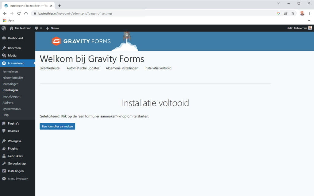 Gravity Forms installatie voltooid